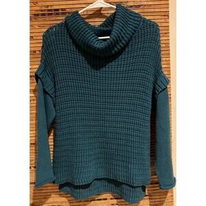 Pure Handknit Women's Sweater XS/S Teal Green Chunky Knit Cowl Neck 100% Cotton